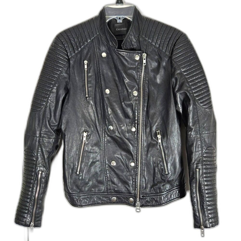 Gestuz Black Genuine Leather Melanie Moto Jacket Ribbed Quilted Biker Large